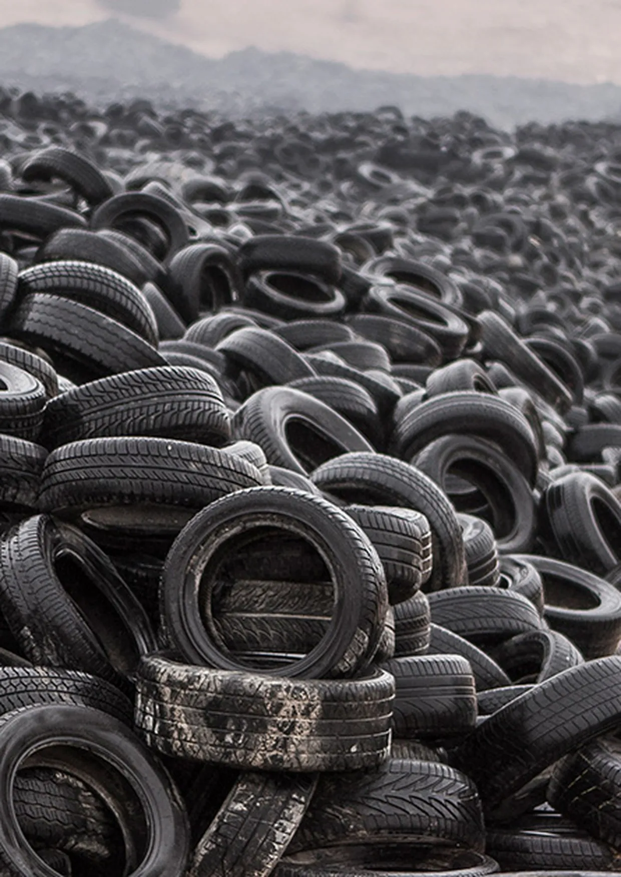 A stockpile of end-of-life tires awaiting processing.